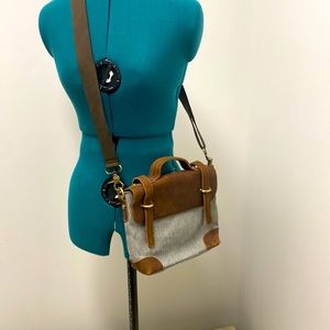 Adorable Crossbody purse new pinstripe brown and blue